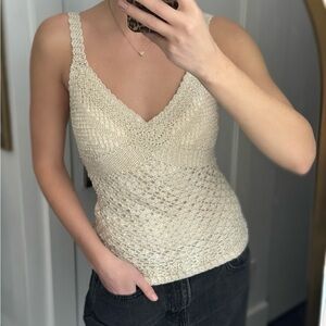 Cream nude boho y2k crochet tank top shirt with gold thread iridescent beads